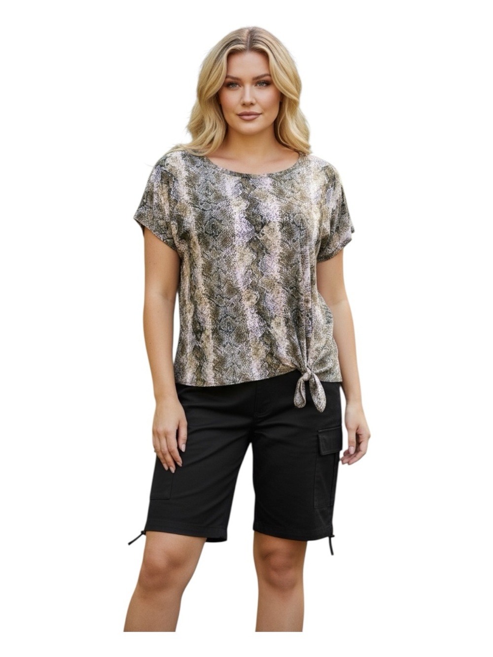 jonathan martin Plus Size 3X Olive and Taupe Snake-Print Tie Front Top Stretch